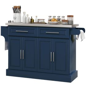 Rollable Kitchen Island with Stainless Steel Top, 2 Drawers, Spice, Knife and Towel Rack and Cabinets, Navy Blue