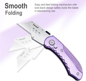 Folding Utility Knife, Box Cutter with 5 SK5 Quick Change Blades, Safety Axis Lock Design Razor Knife (Color: Light Purple)