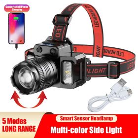 LED Tactical Headlamp Head Torch USB Rechargeable Motion Sensor Headlight Zoomable 5 Modes Emergency Power Bank For Mobile Phone (Option: Black)